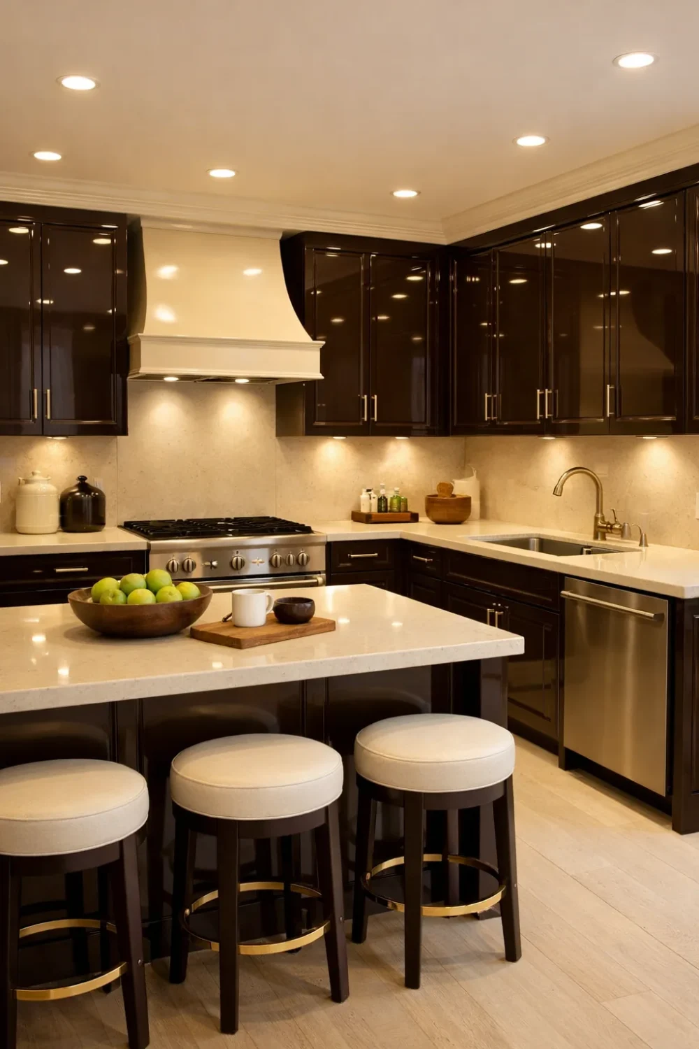Luxury espresso brown kitchen cabinets with white countertops, island seating and warm modern lighting