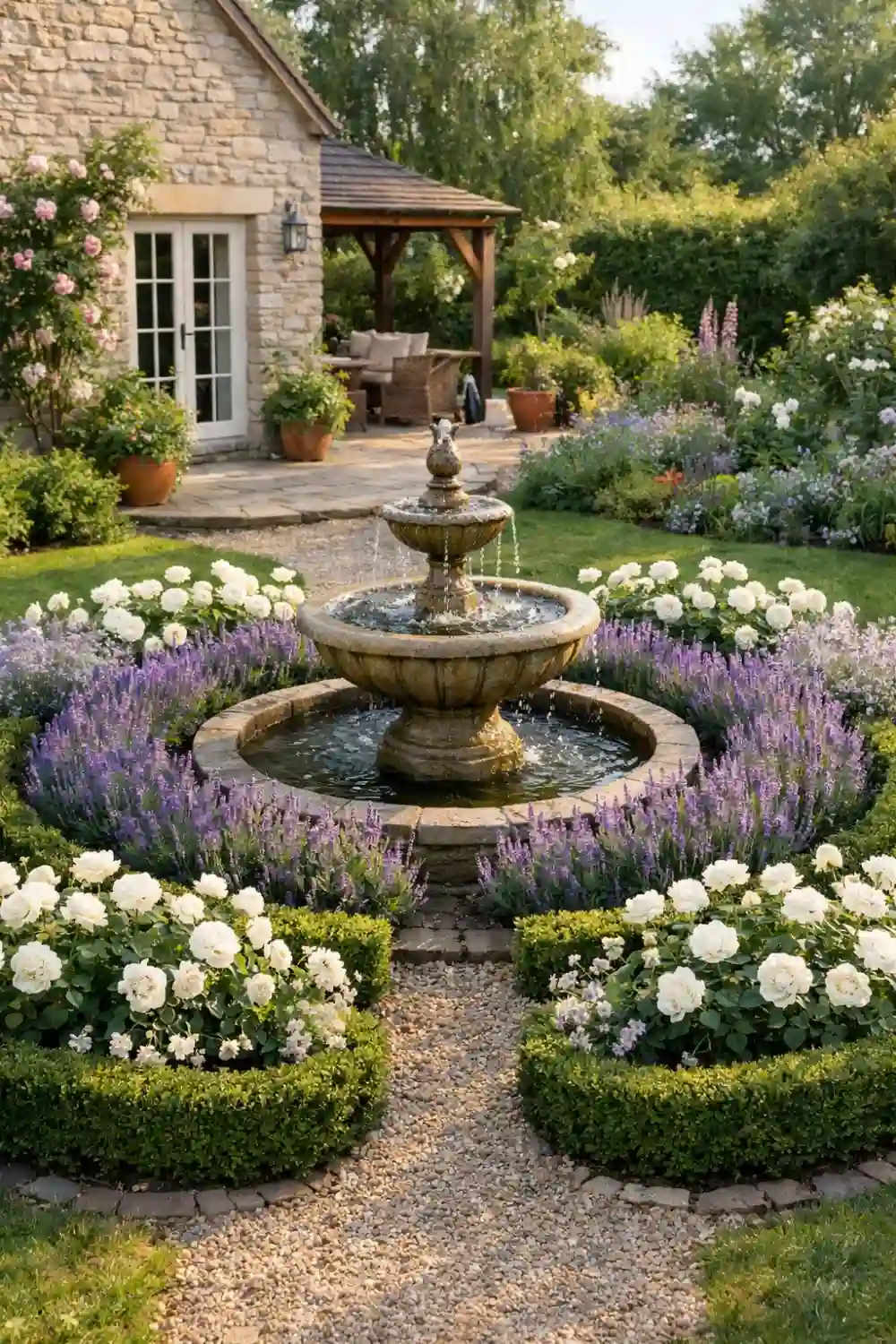 cottage garden with central stone fountain lavender roses and circular flower beds backyard