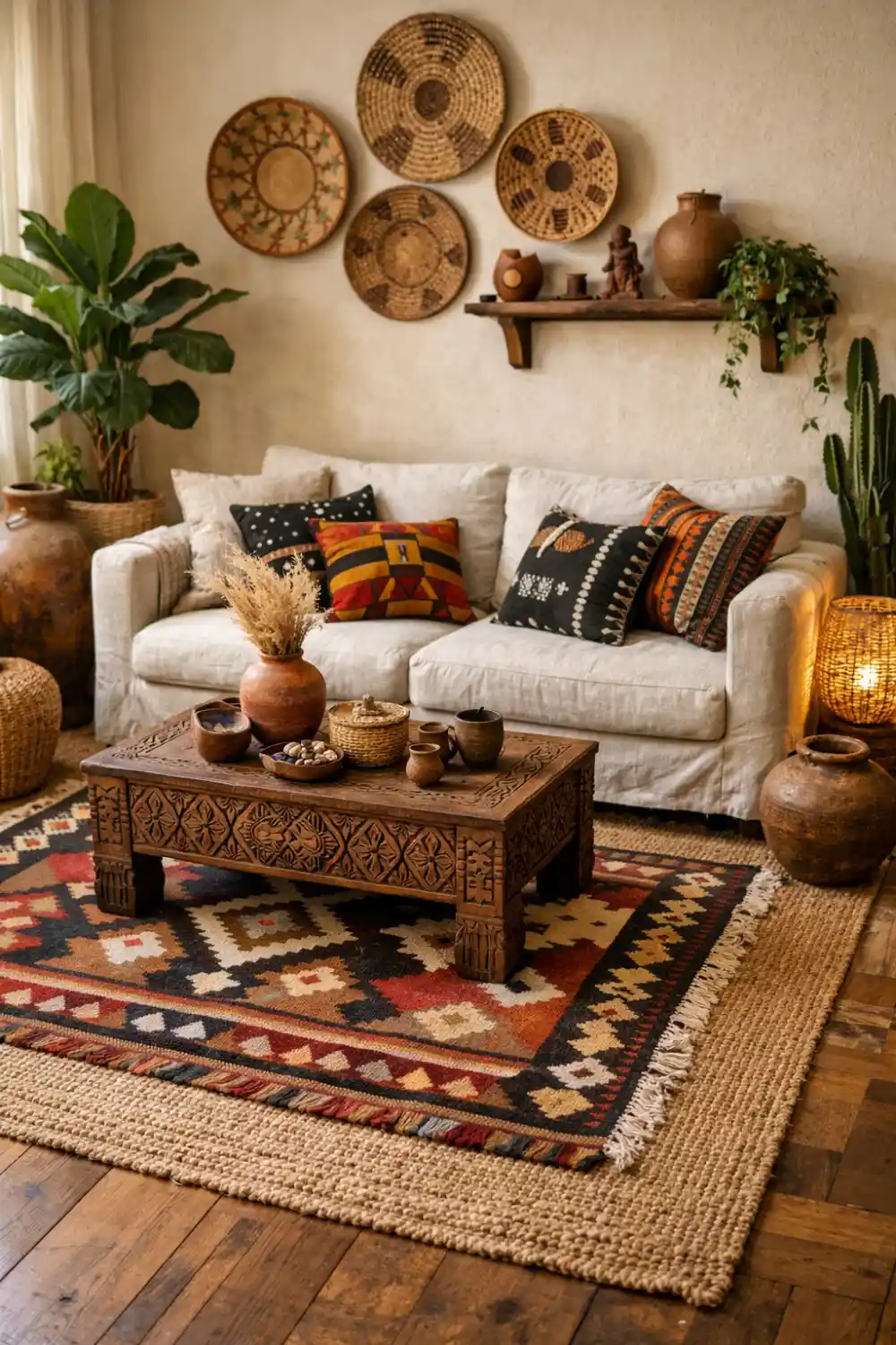 Afrohemian living room with layered rugs, carved wooden coffee table, basket wall decor and ethnic pillows