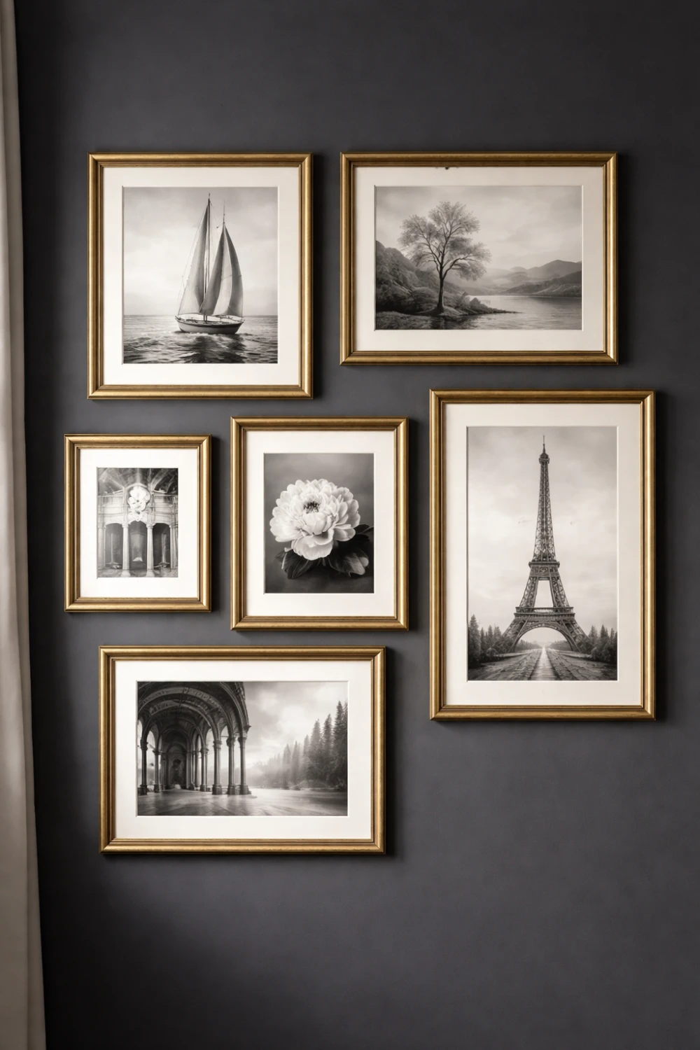 gold frame gallery wall black and white art dark wall decor