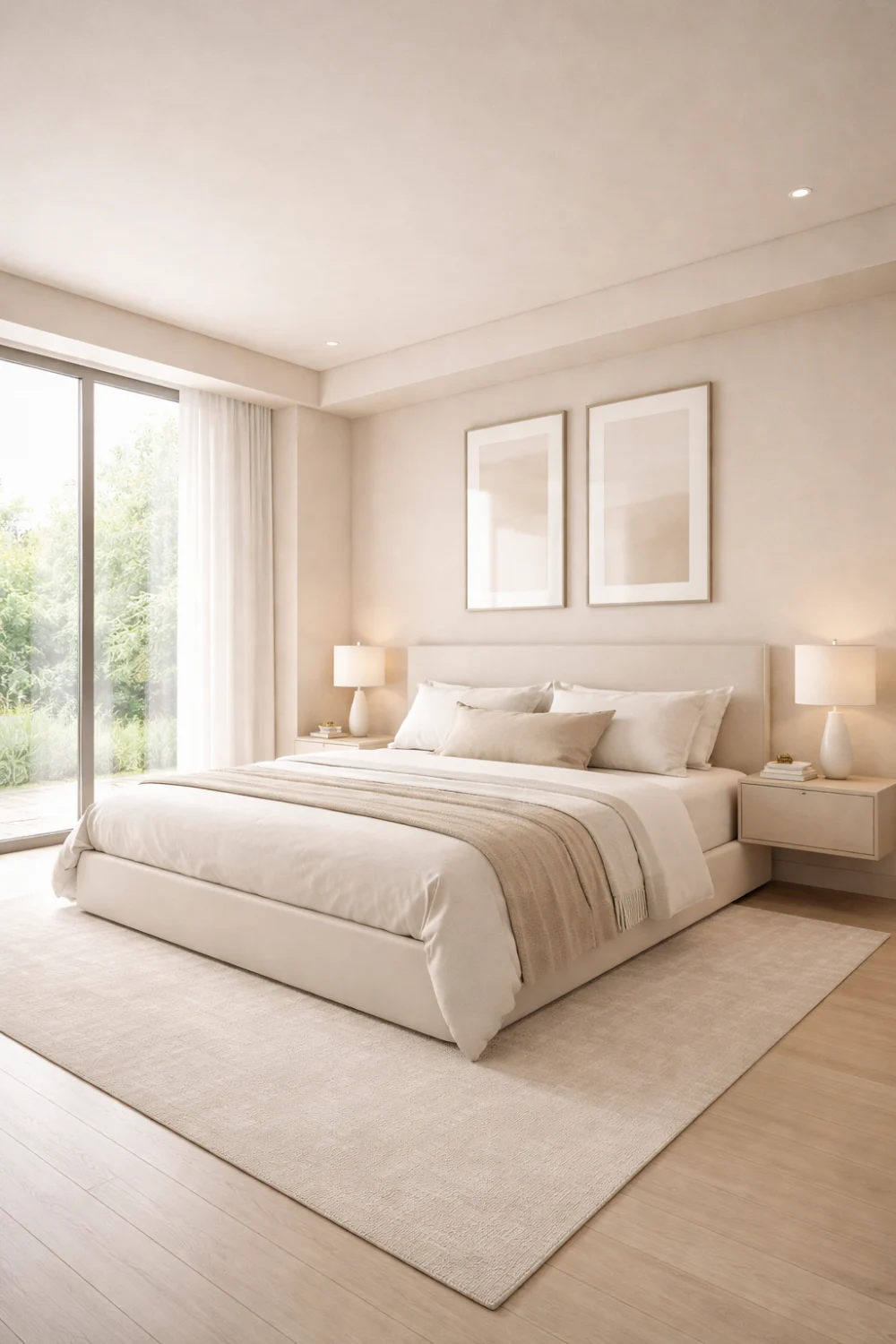 beige monochrome color drenched bedroom neutral luxury interior with soft textures