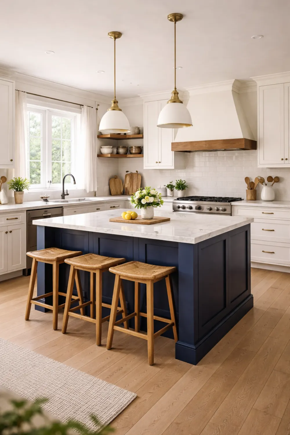 navy island farmhouse kitchen white cabinets marble top bright modern design