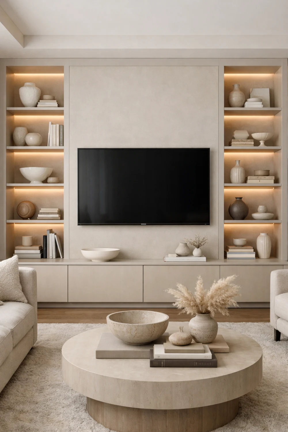 Built in shelf TV wall with decorative storage and warm LED lighting creating a stylish modern living room feature