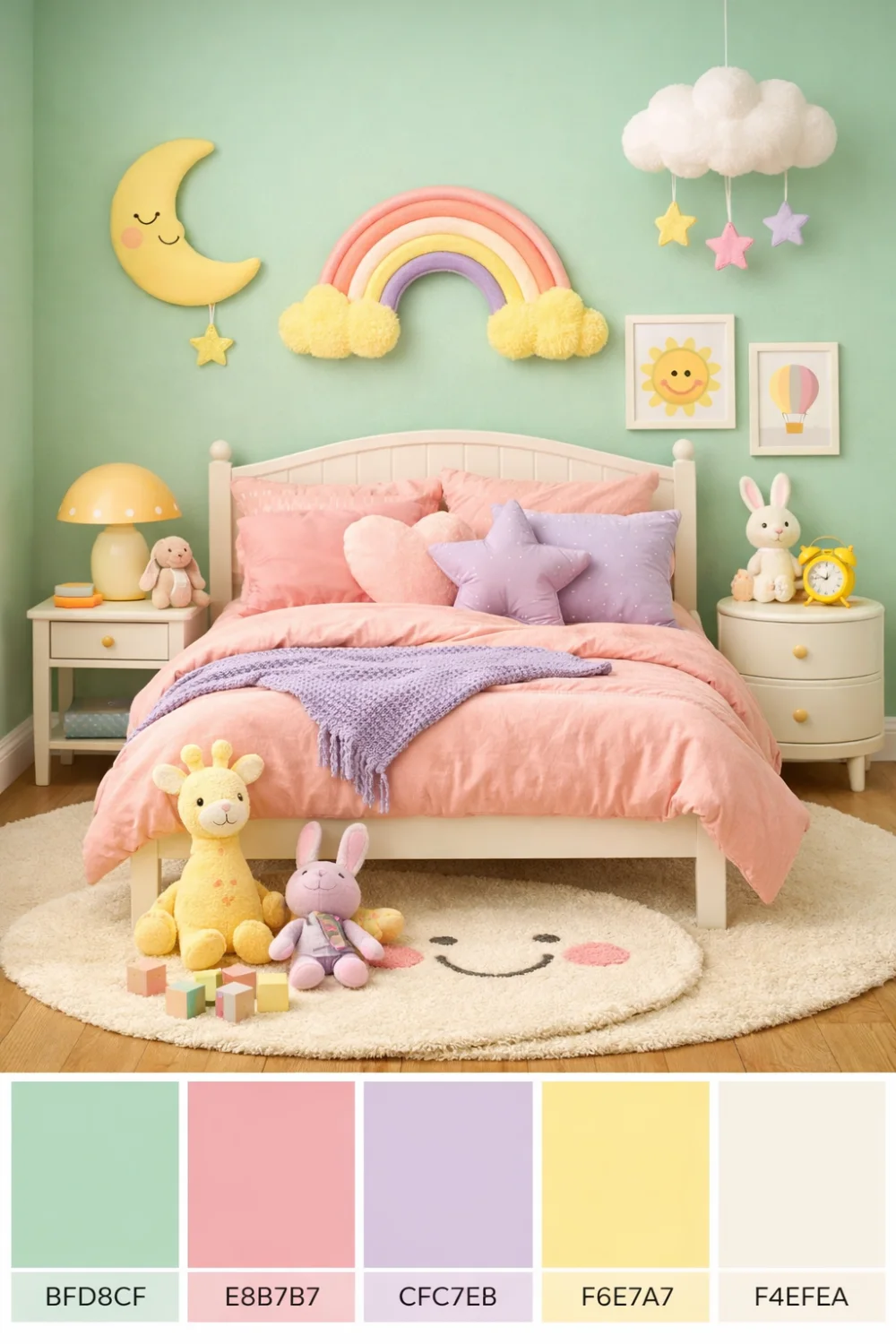 pastel kids bedroom color palette with mint green blush pink lavender and soft yellow decor
