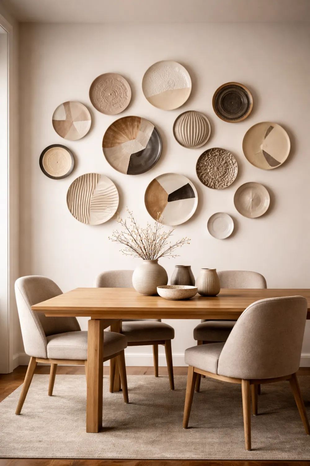 ceramic plate wall dining room decor modern plate wall neutral tones aesthetic dining room ideas