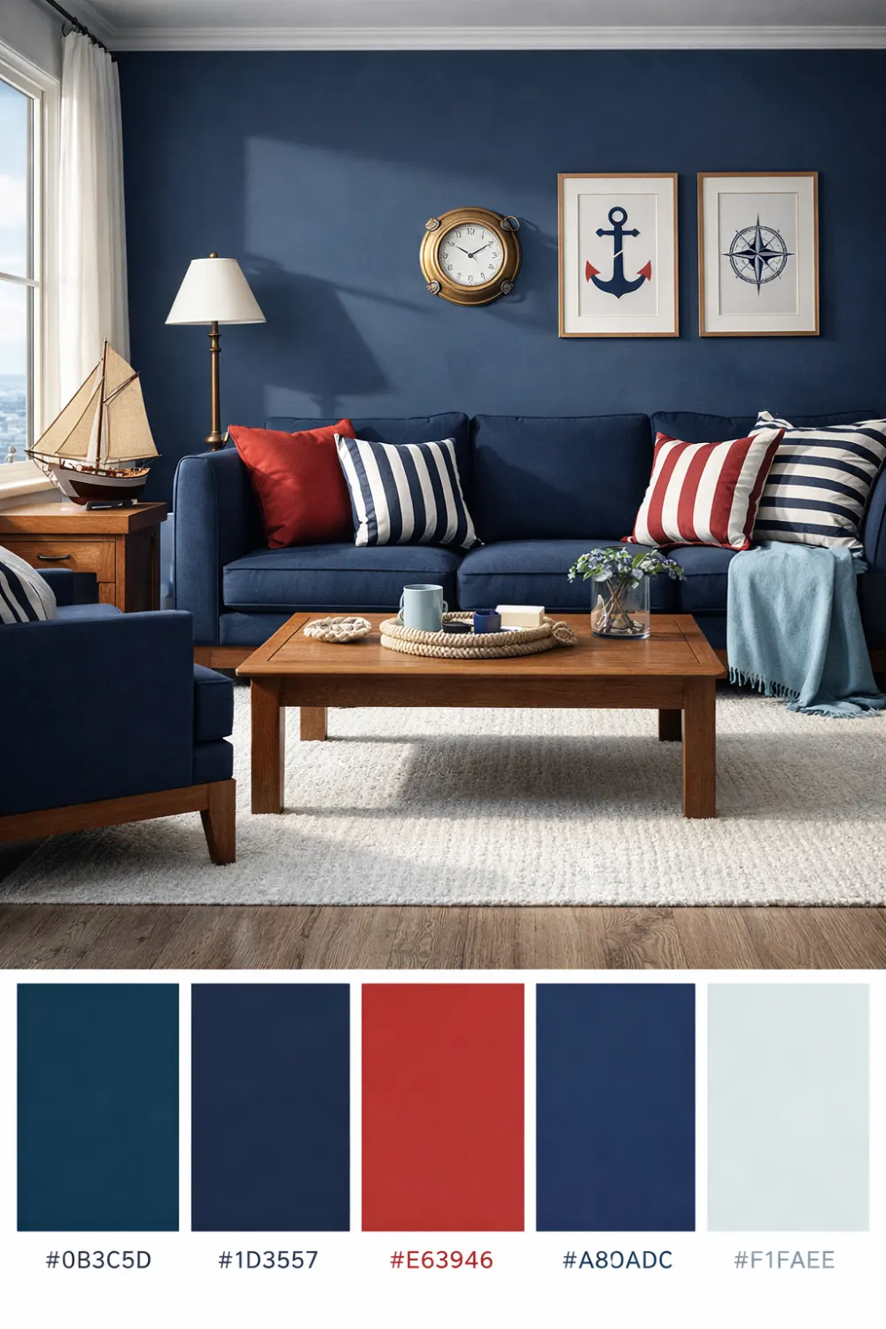 nautical ocean color palette navy red living room coastal nautical decor inspiration