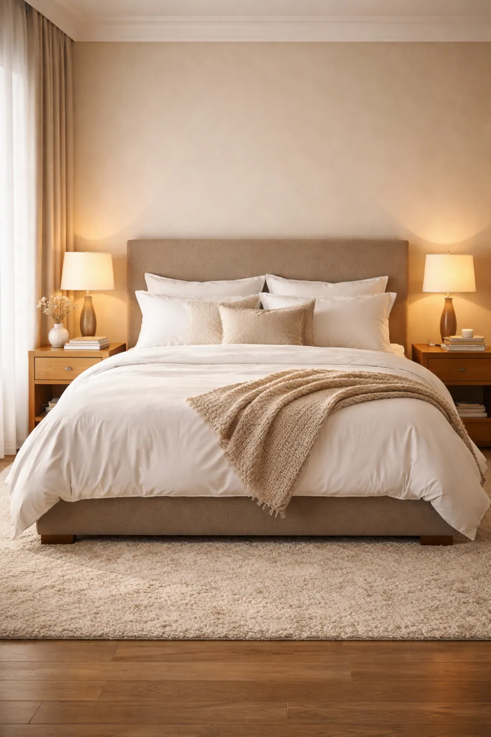 hotel style bedroom with layered bedding plush pillows cozy neutral luxury bedroom inspiration