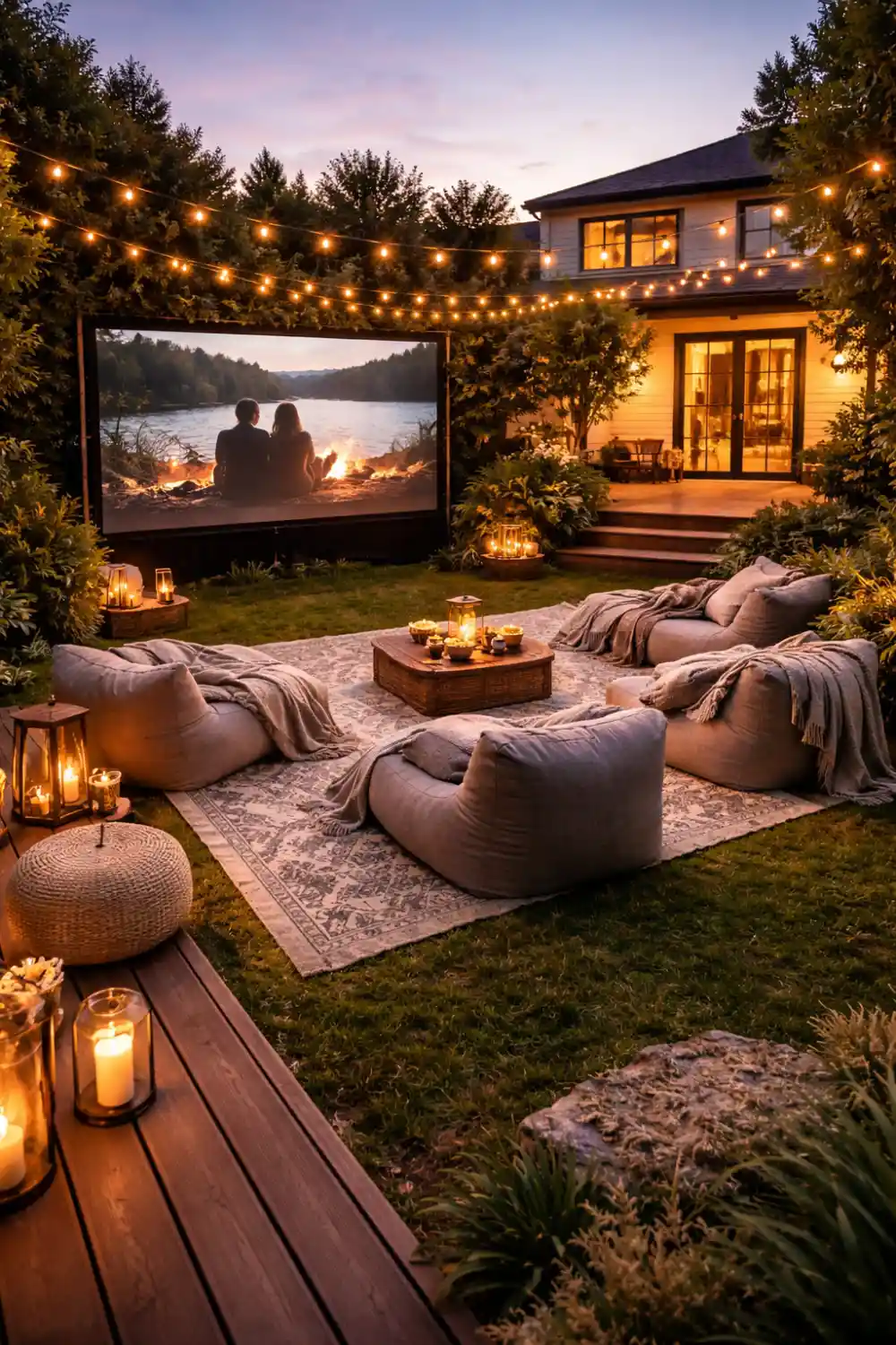 backyard outdoor movie night setup with projector screen, cozy bean bag seating and string lights