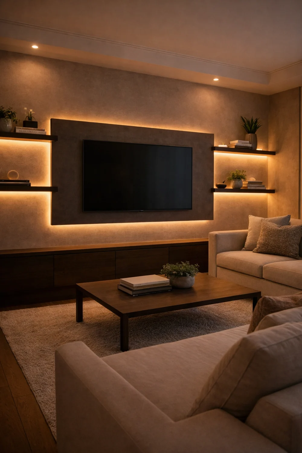 modern living room hidden led lighting behind tv wall panel and floating shelves