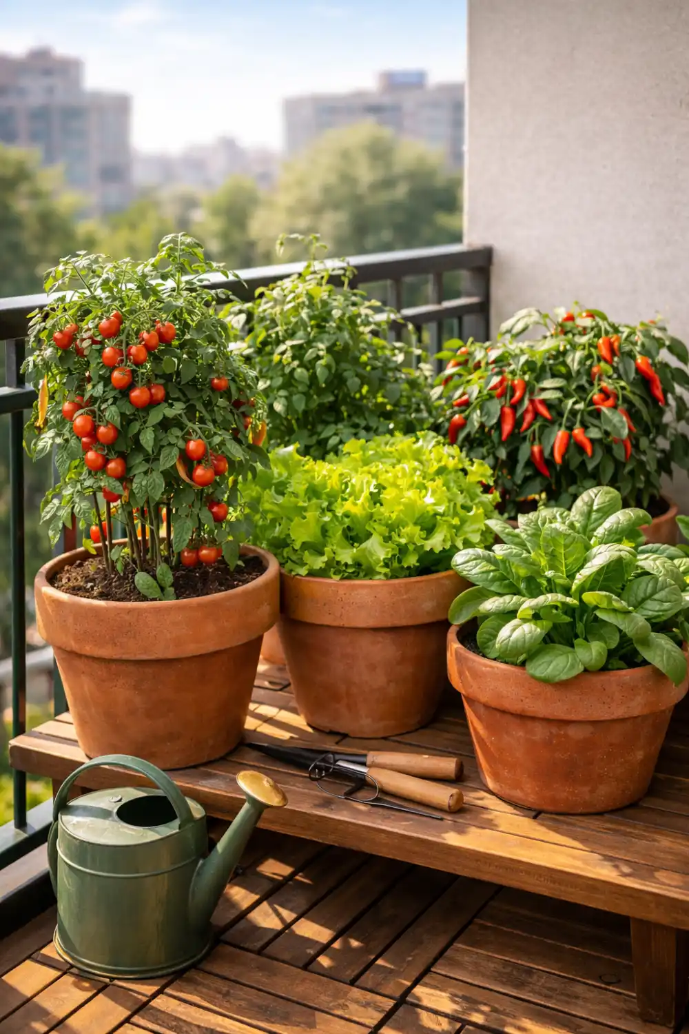 Balcony vegetable container garden with tomatoes chili peppers lettuce and spinach growing in terracotta pots on a sunny balcony.