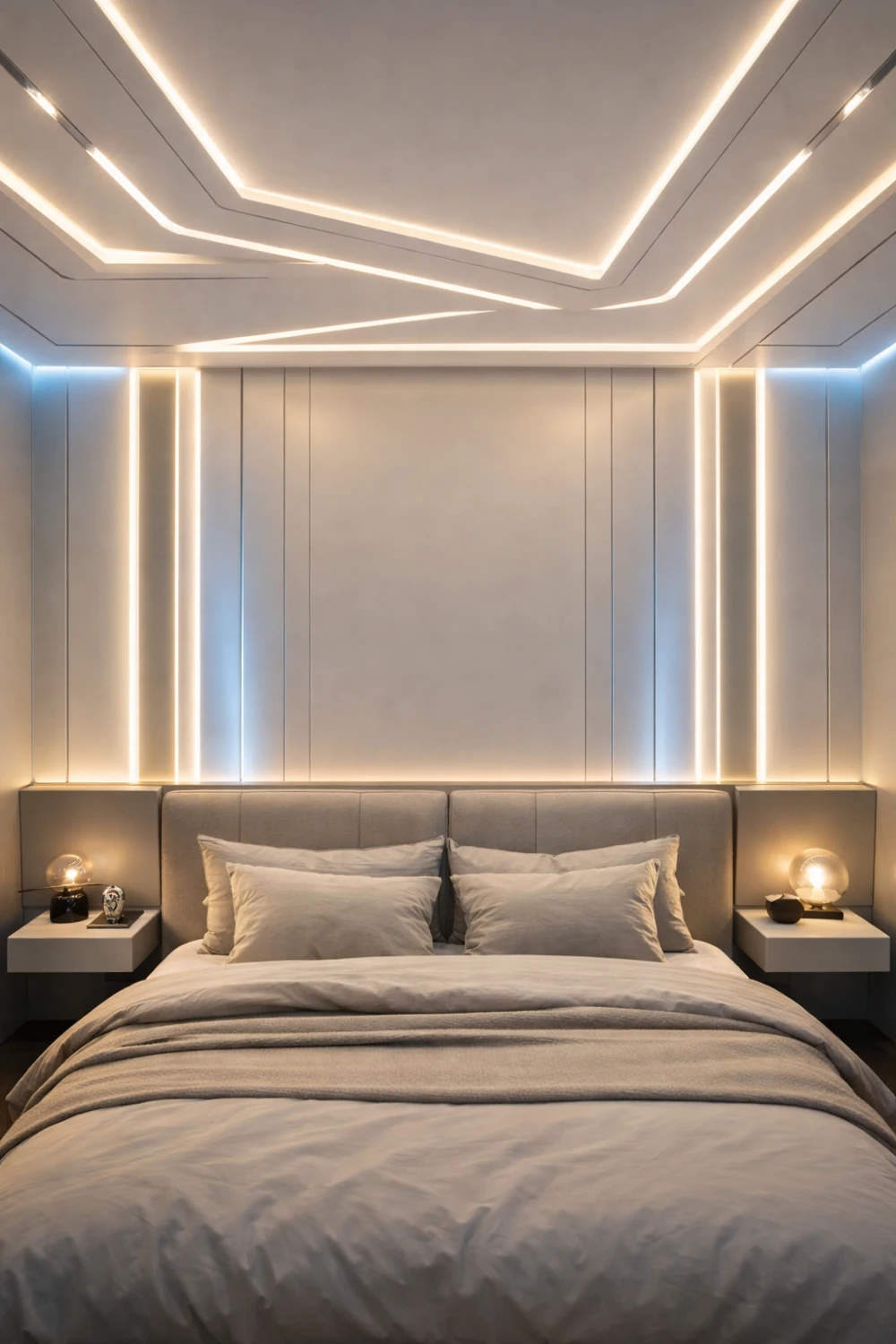 Modern LED accent bedroom idea for couples with sleek wall panels and soft lighting