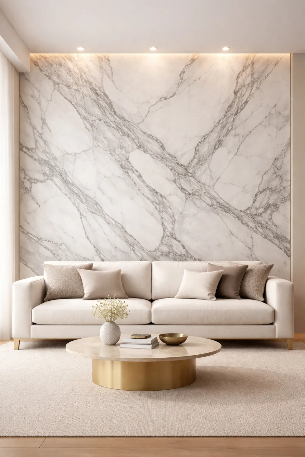 Modern living room with luxury marble accent wall behind a sofa, dramatic marble veining and elegant neutral interior design.