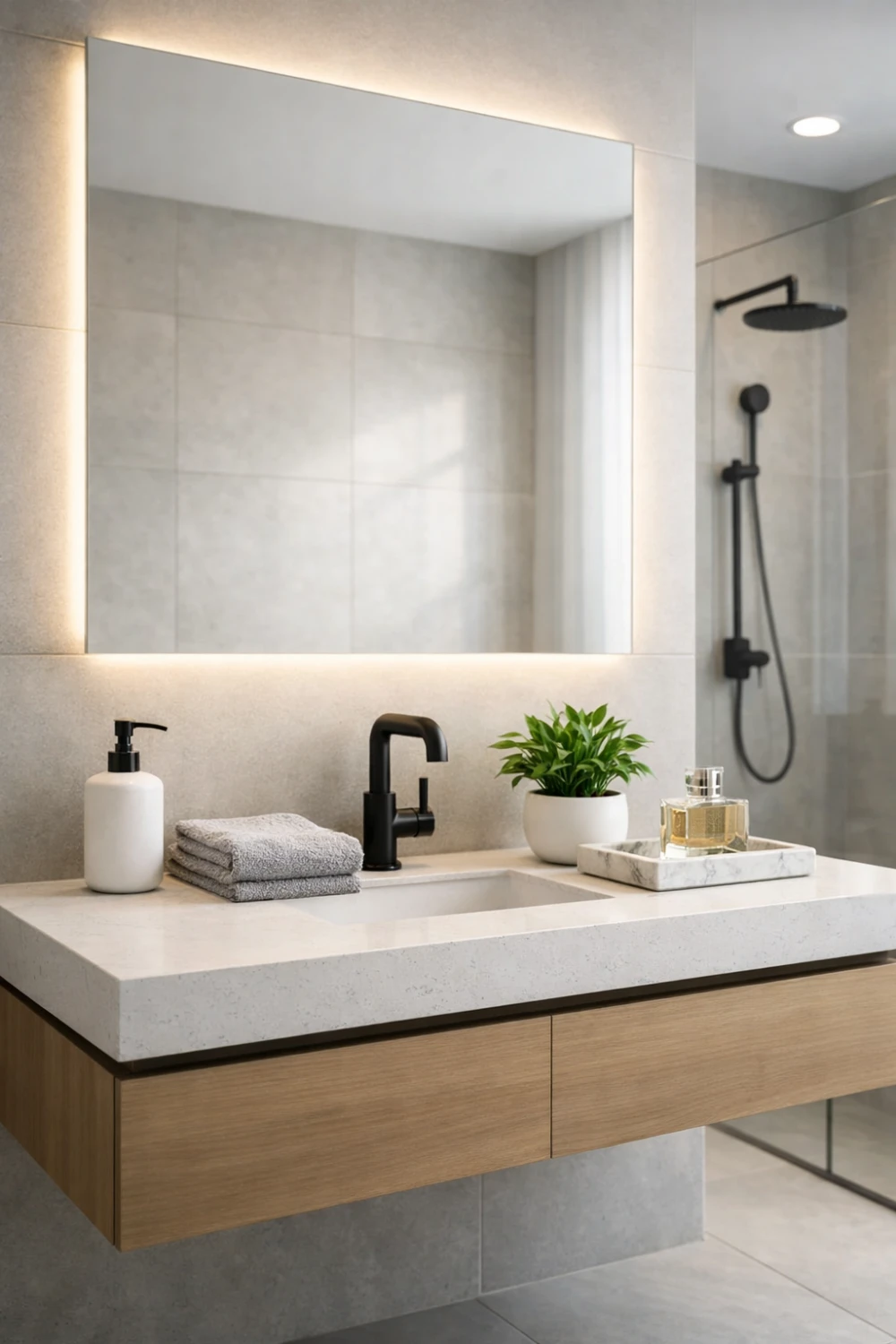 Minimal bathroom vanity decor with plant tray perfume and folded towels
