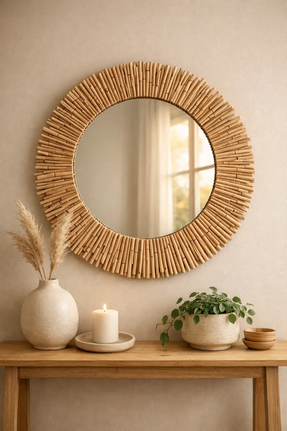 Round decorative mirror with natural wooden frame above a console table with plants and candles creating an elegant aesthetic wall decor setup.