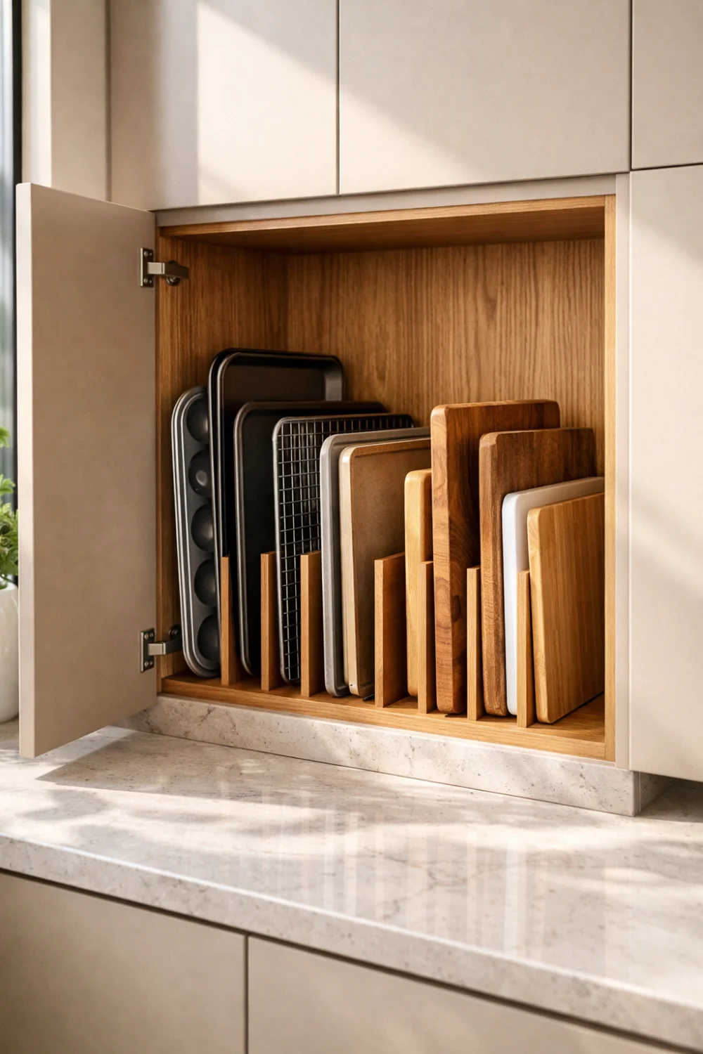 Vertical tray organizer storing baking sheets, cutting boards, and trays neatly inside a wooden kitchen cabinet.