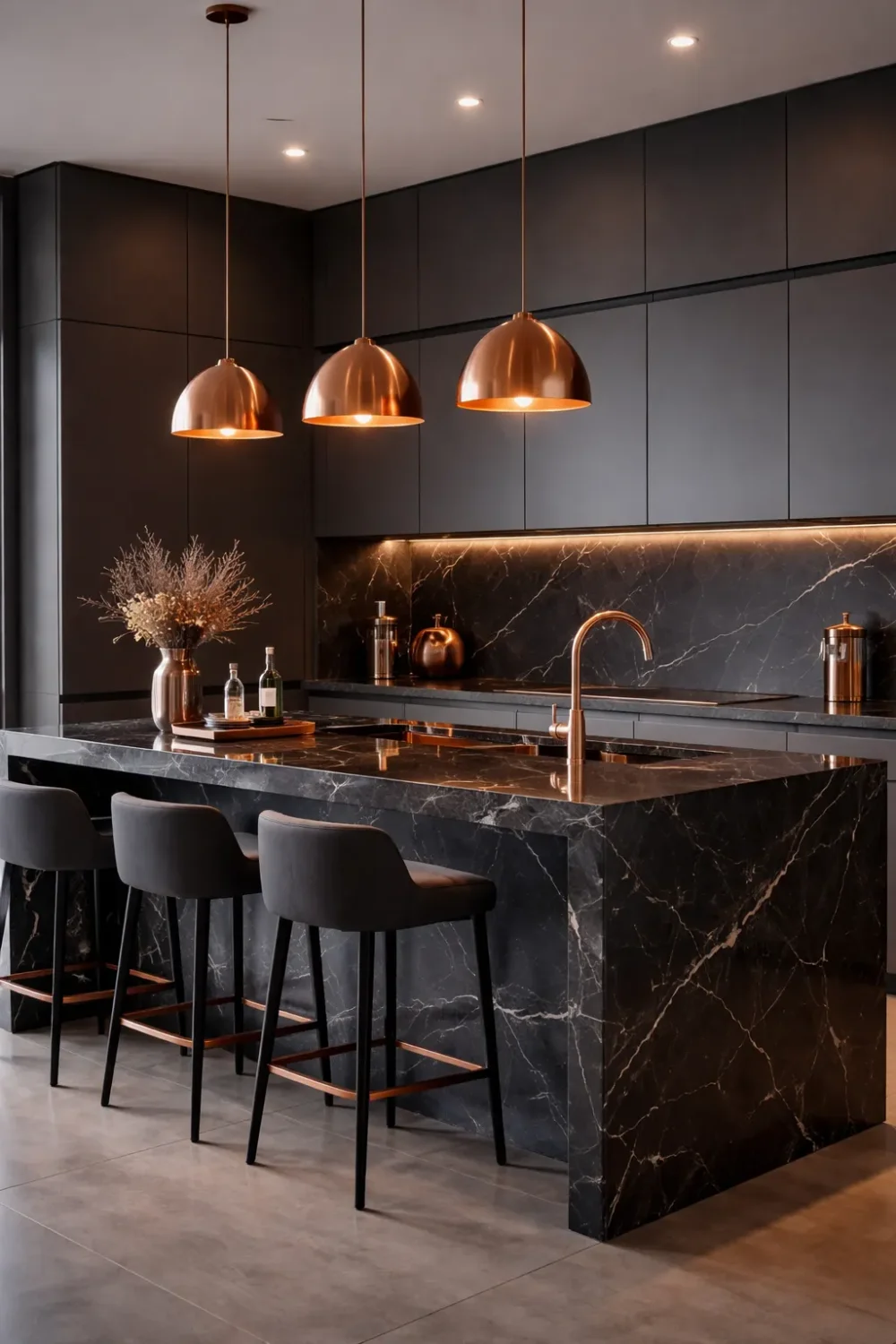 Black marble modern kitchen with waterfall island, copper pendant lights and luxury contemporary design