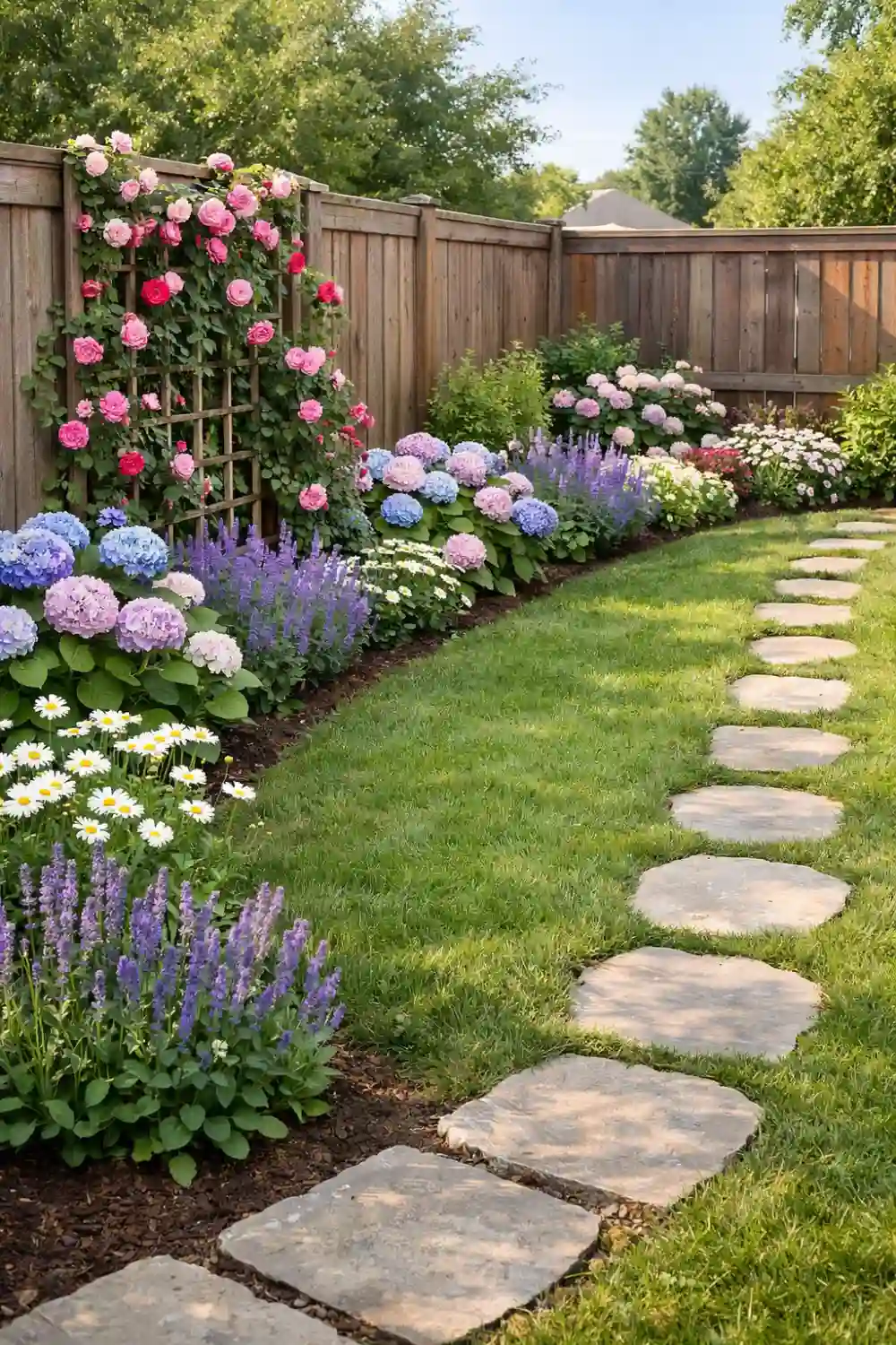 cottage garden along wooden fence with climbing roses hydrangeas lavender and stepping stones