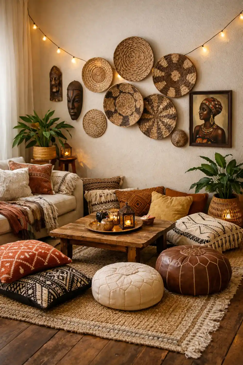 Afrohemian living room with floor seating, poufs, woven baskets wall decor and string lights