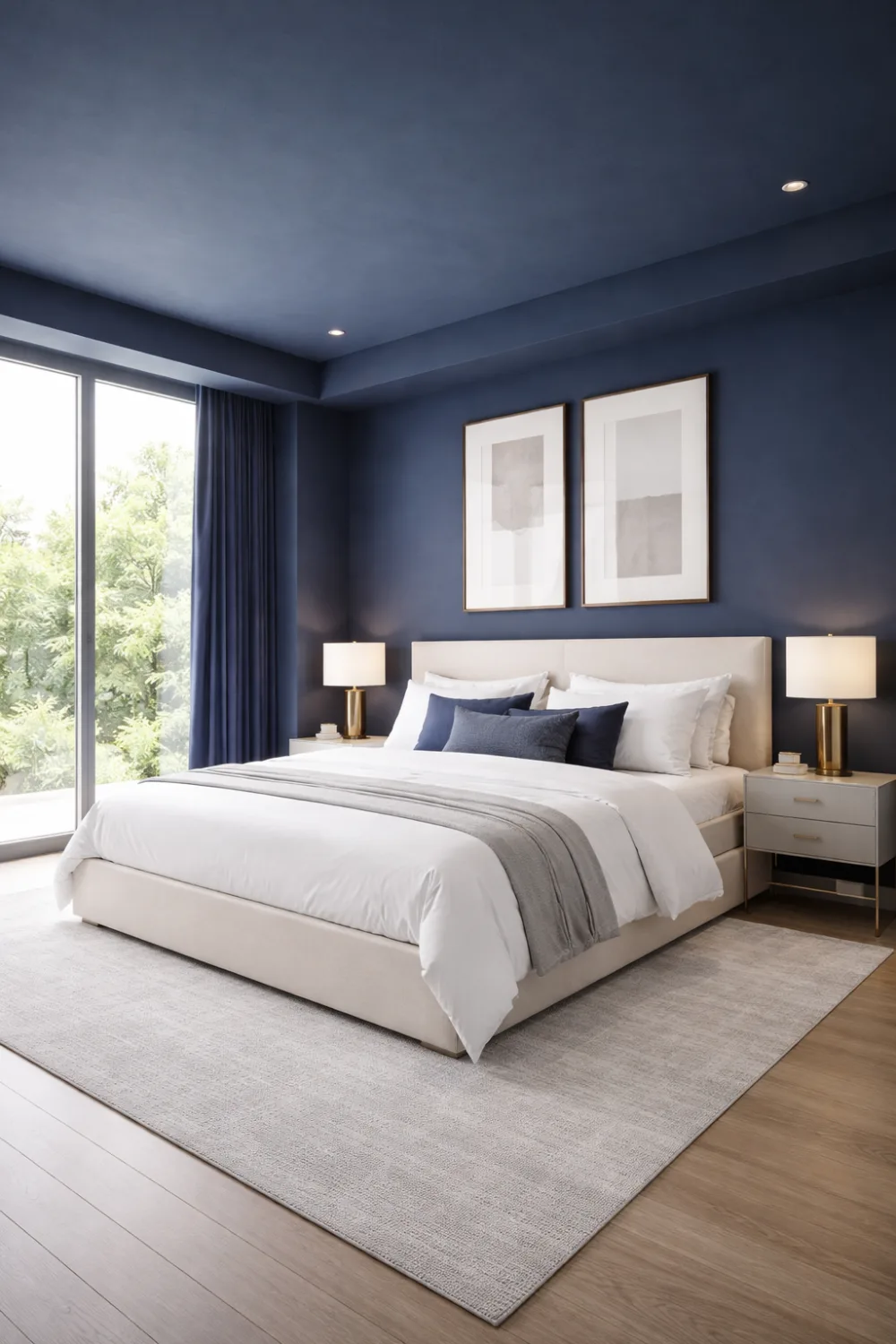 navy blue color drenched bedroom with white bedding and modern luxury style