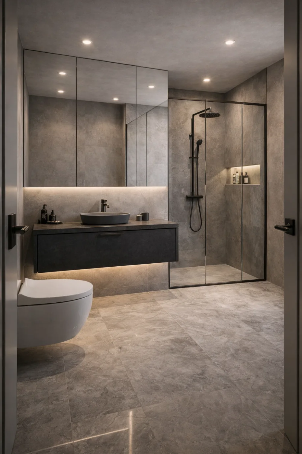 grey monochrome bathroom floating vanity glass shower modern small design