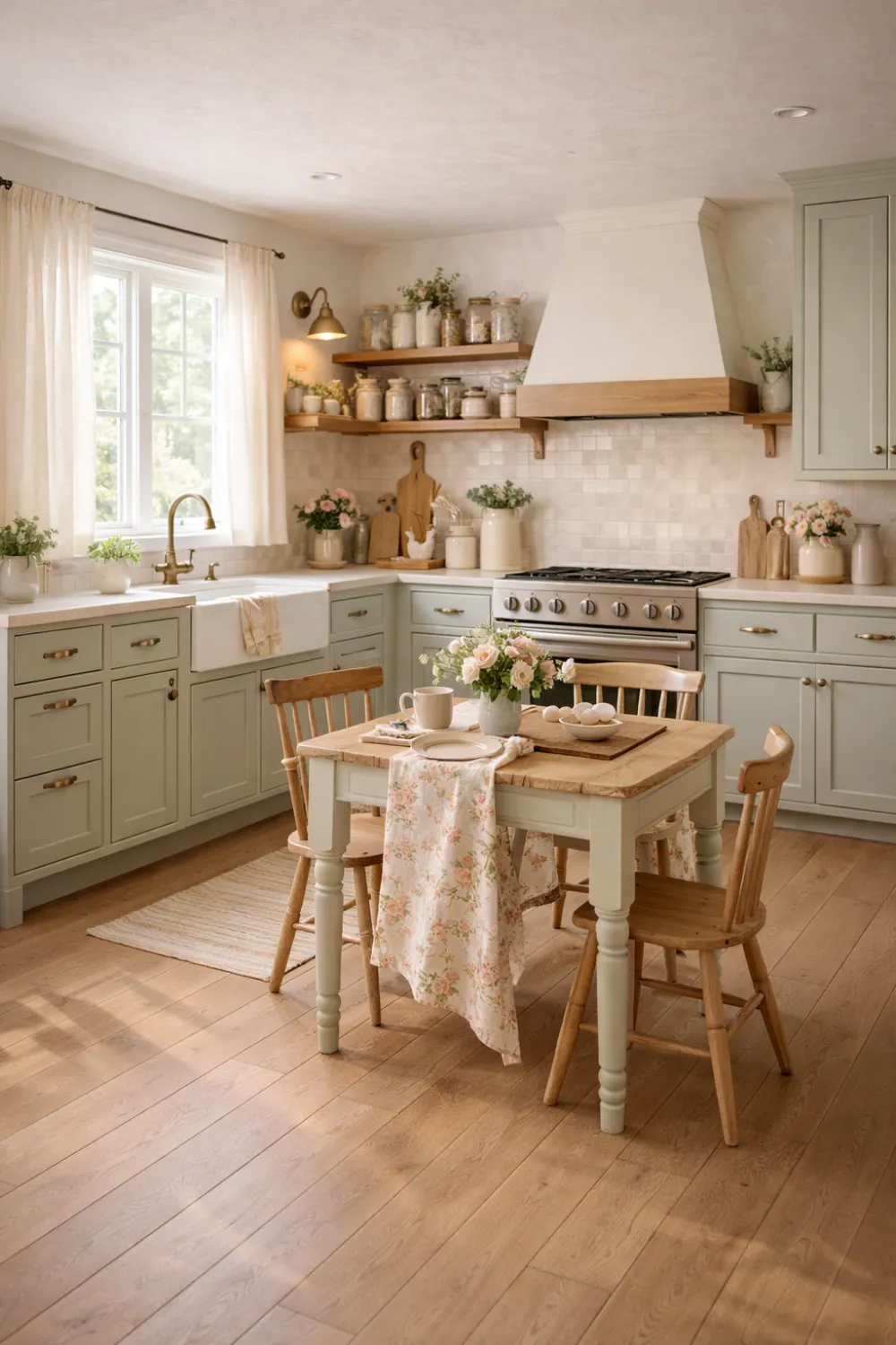 sage farmhouse kitchen cozy dining table wooden chairs soft warm design