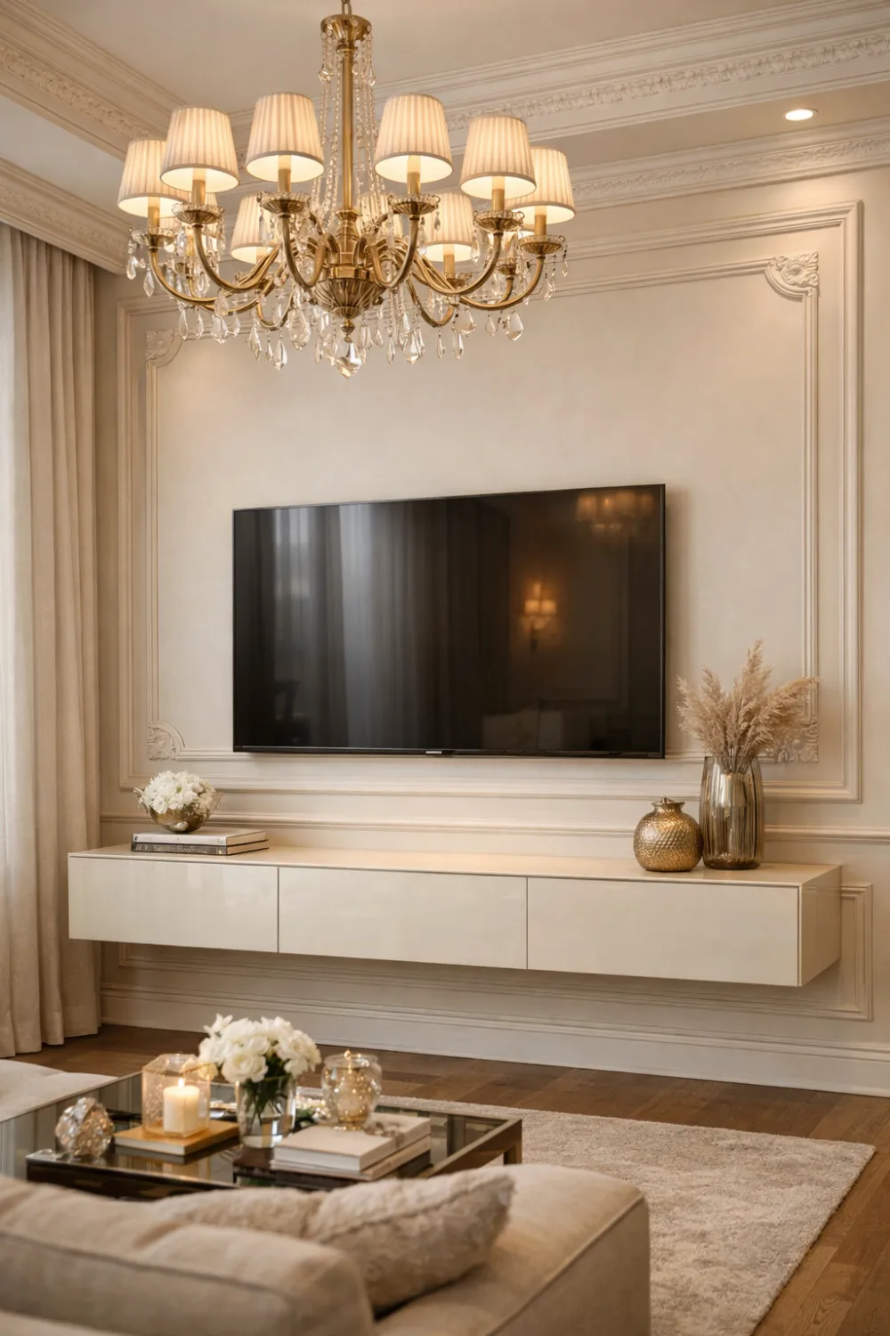 Elegant wall molding TV wall with floating cabinet and classic decorative panels creating a luxury living room design
