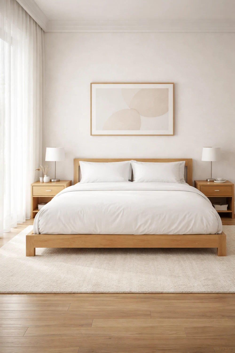 japandi hotel style bedroom with wooden bed minimalist neutral bedroom decor inspiration