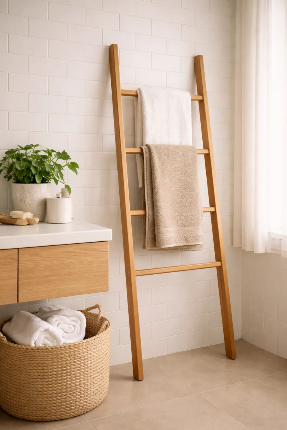 wooden towel ladder bathroom wall decor leaning against white tile wall minimalist spa bathroom styling
