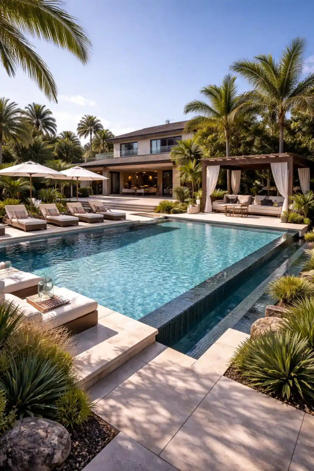 luxury poolside outdoor living space with sun loungers, tropical plants and resort style backyard design