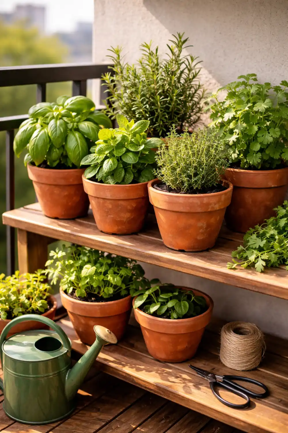 Herb container garden with basil mint rosemary thyme and cilantro growing in terracotta pots on a small balcony shelf.