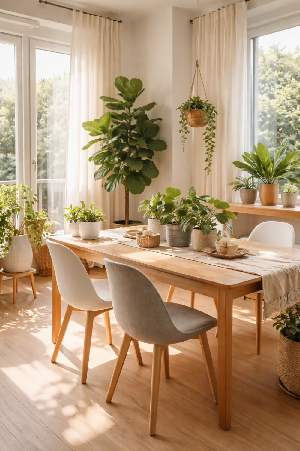 Bright dining room filled with indoor plants around a wooden dining table creating a fresh and vibrant nature inspired dining space.