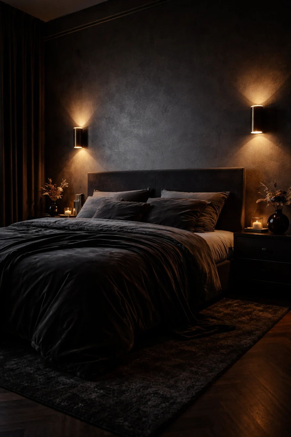Dark moody romantic bedroom idea for couples with charcoal walls and warm lighting