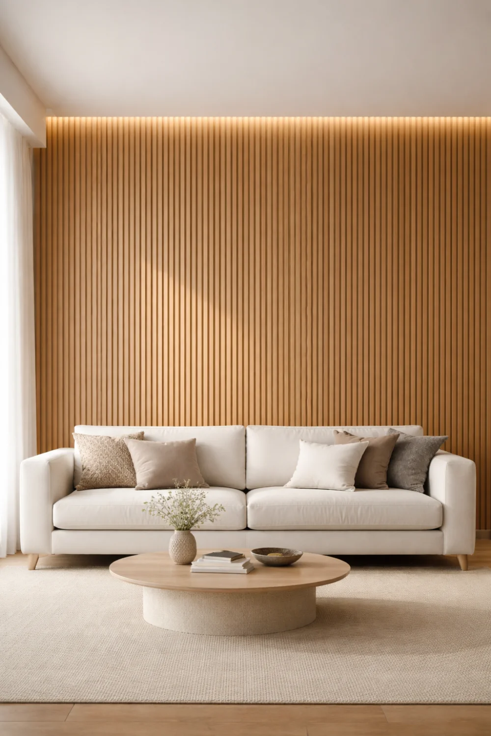 Modern living room with backlit vertical slat wall behind a neutral sofa, warm lighting highlighting the textured wall panels.
