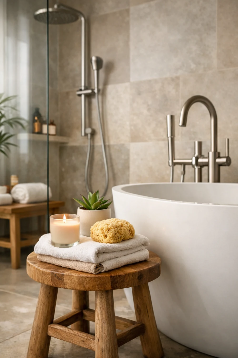 Wooden stool beside bathtub styled with candle towel and plant for spa bathroom decor