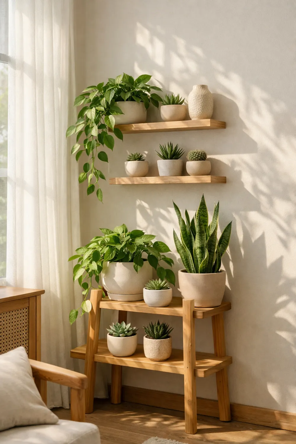 Indoor plant display corner with wooden shelves and multiple green plants in neutral pots creating a fresh cozy aesthetic room decor setup.