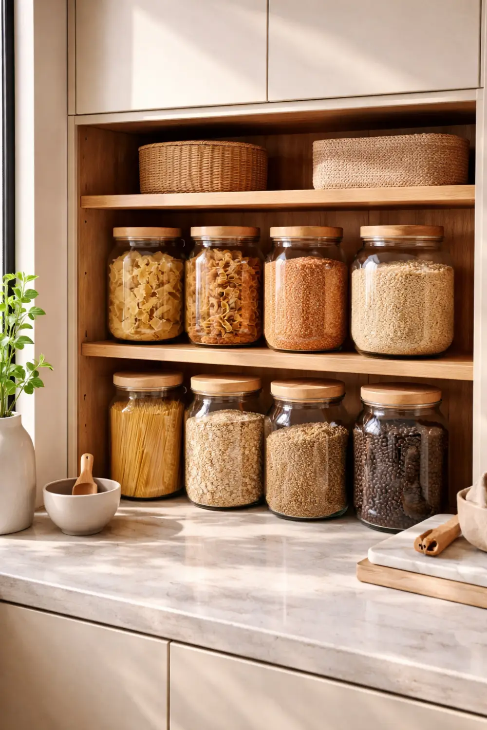 Glass jar pantry storage displaying pasta, grains, lentils, and dry foods neatly on wooden kitchen shelves.