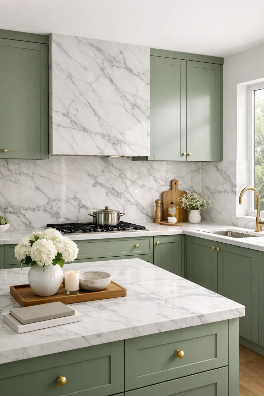 Sage green modern kitchen cabinets with marble backsplash, gold hardware and nature inspired kitchen decor