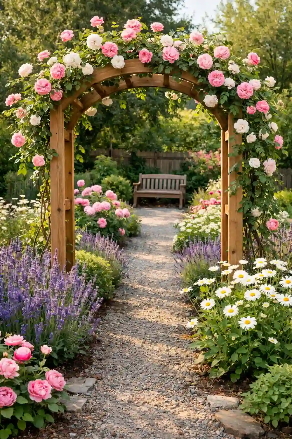 cottage garden arch entrance with climbing roses lavender daisies and gravel garden path