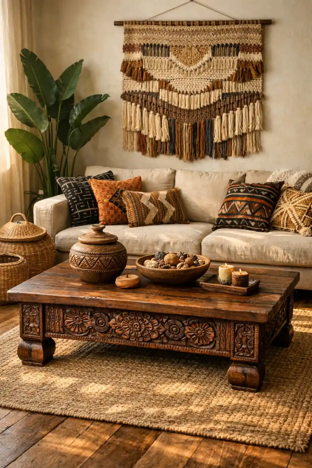 Afrohemian living room with macrame wall hanging, carved wood coffee table and mudcloth pillows