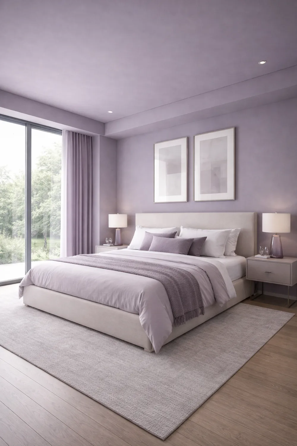 dusty lavender color drenched bedroom with soft purple tones and bright light