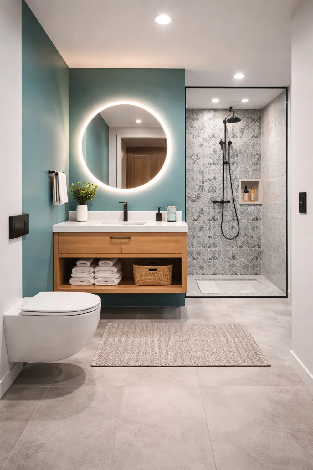 teal accent bathroom round mirror floating vanity modern small bathroom