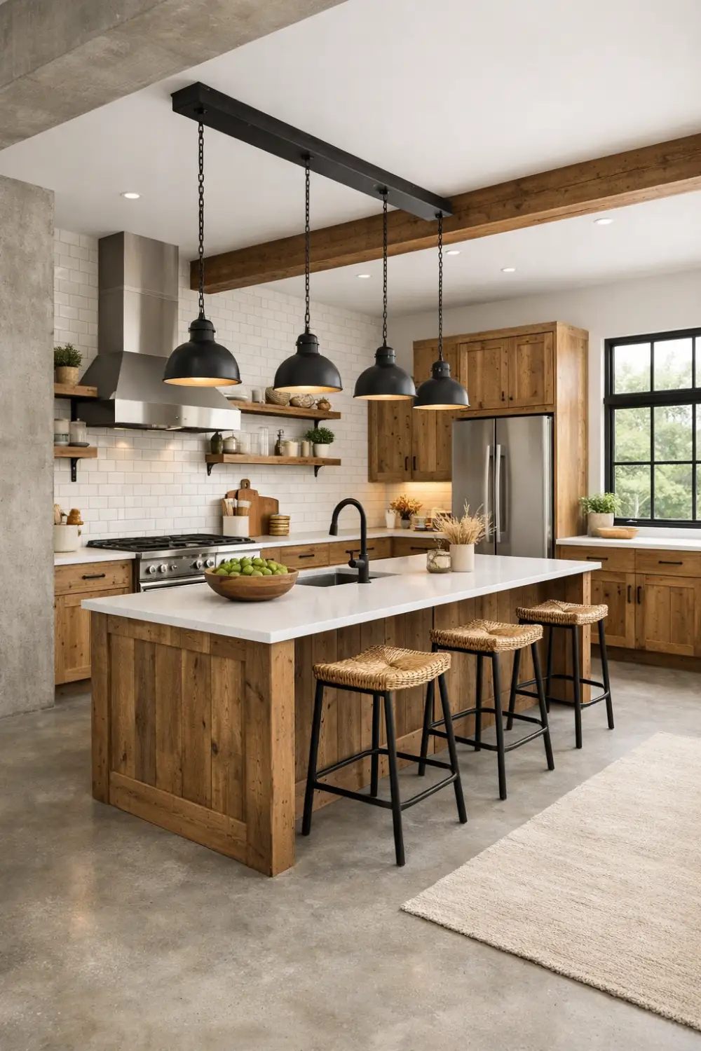 modern rustic farmhouse kitchen black accents wood island white countertop design
