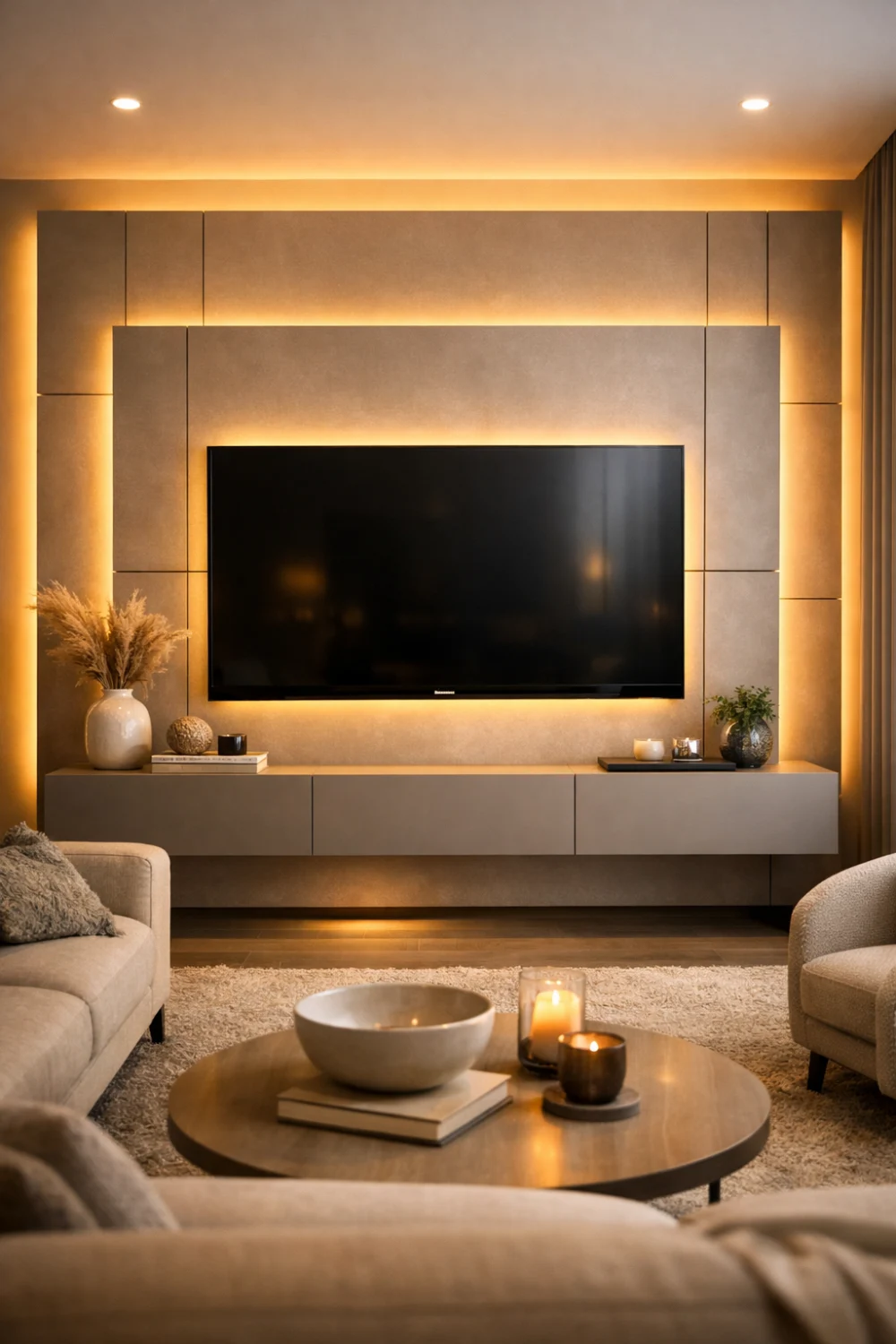 Layered panel LED TV wall with floating console and ambient lighting creating a modern architectural living room