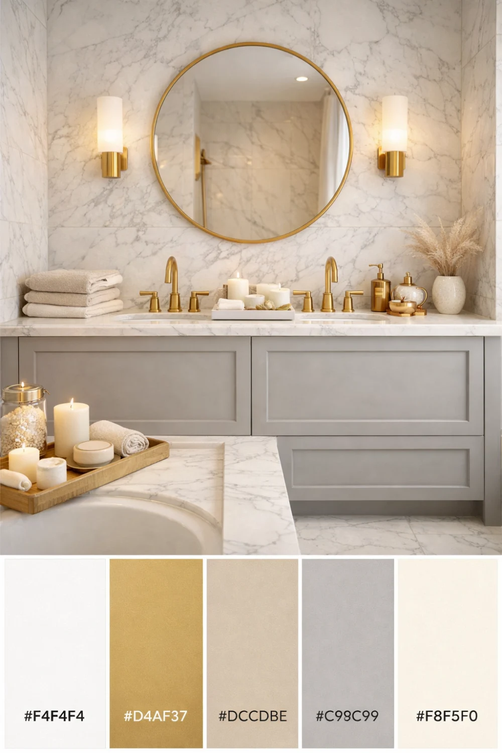 luxury marble bathroom color palette with gold fixtures ivory and soft grey spa interior design