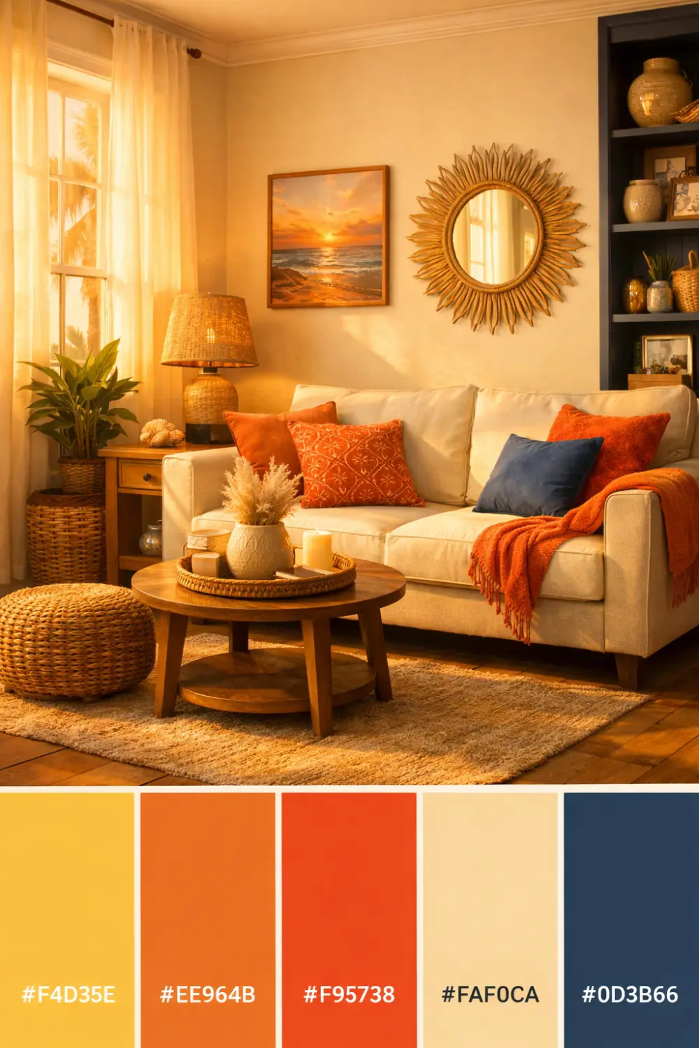 golden shore ocean color palette warm sunset living room coastal decor inspiration