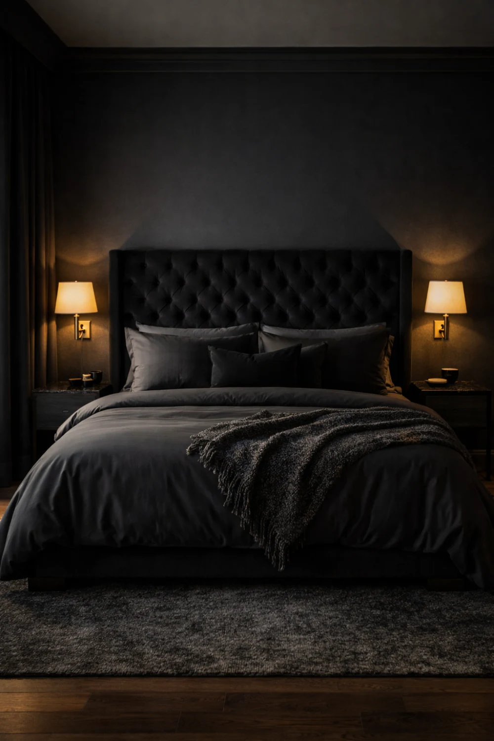 dark moody hotel style bedroom with tufted headboard boutique luxury bedroom inspiration