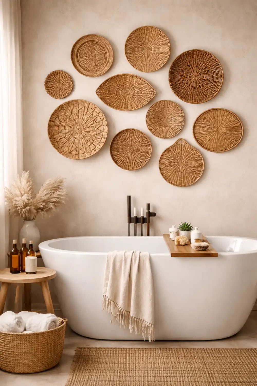 woven basket wall decor above bathtub boho bathroom wall design with natural rattan baskets