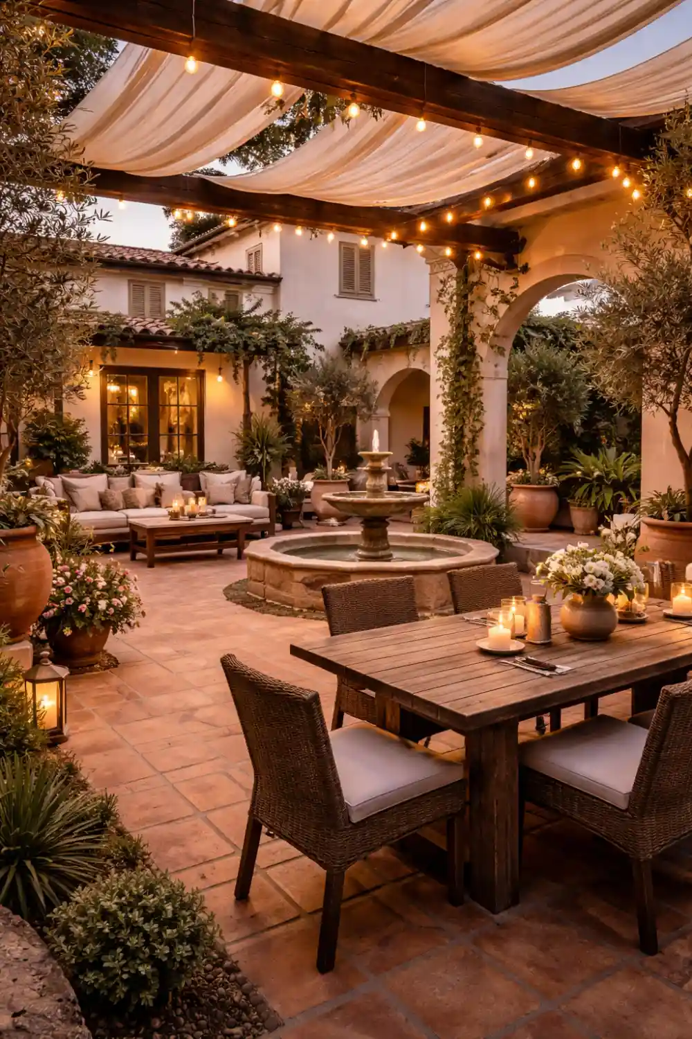 mediterranean courtyard outdoor living space with fountain, terracotta tiles and pergola seating area