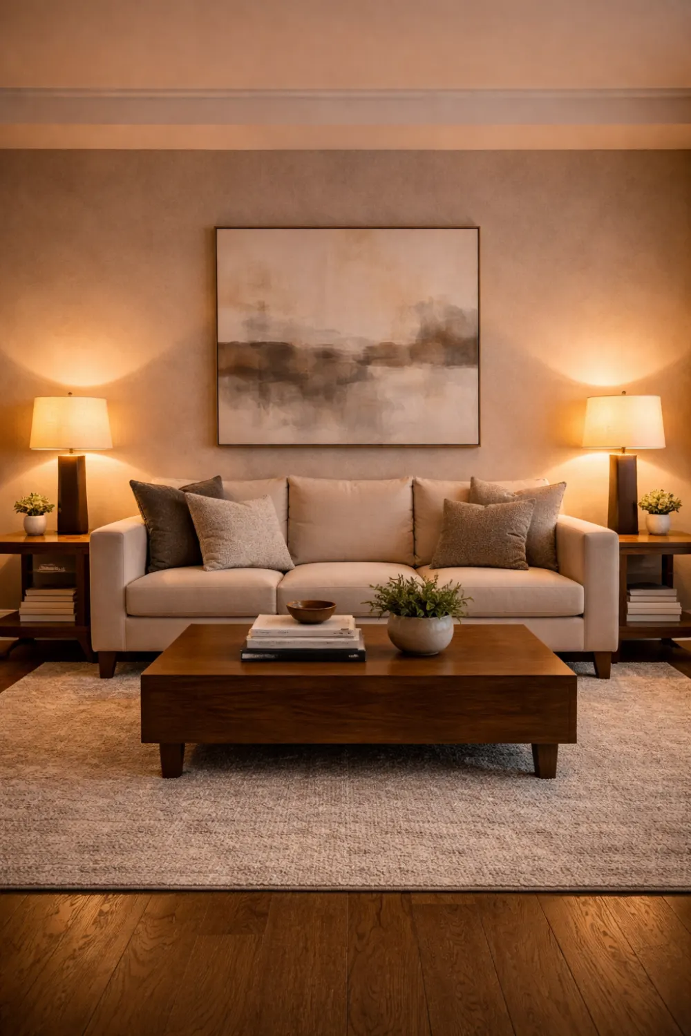 symmetrical living room lighting idea with matching table lamps on both sides of sofa