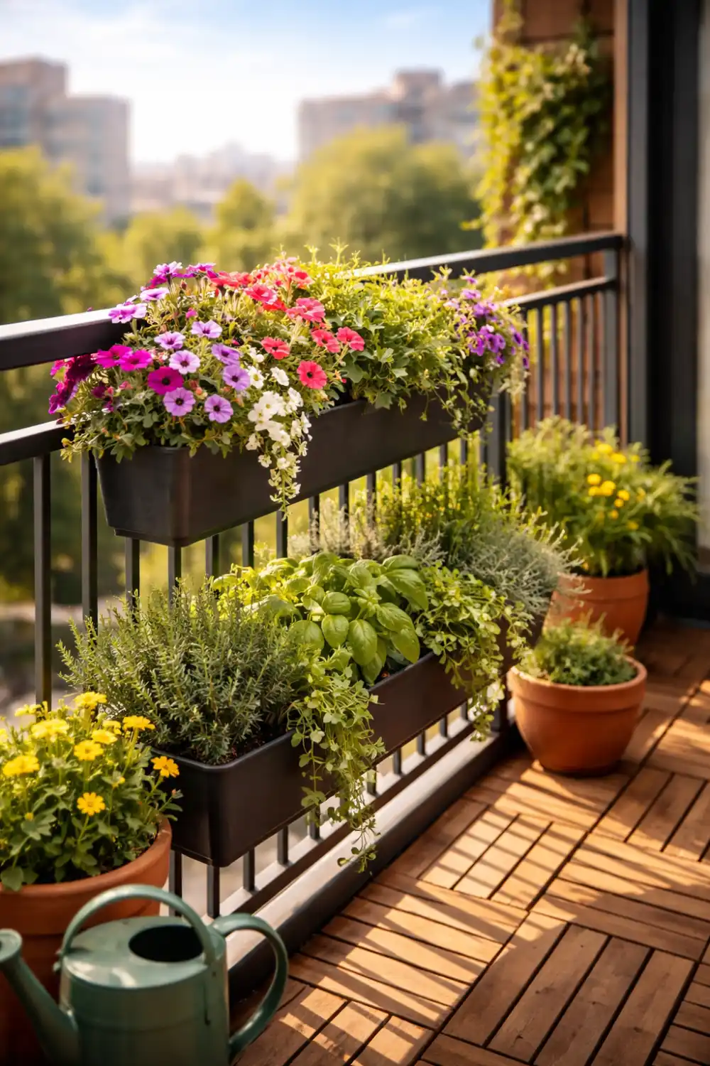 Window box planter containers attached to a balcony railing filled with colorful flowers and trailing plants.